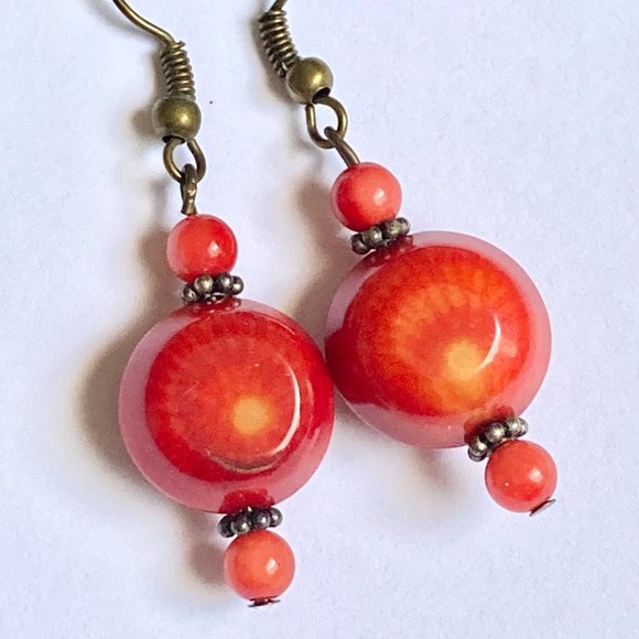 Vintage Art Glass Bead Earrings Coral Red Orange Hand Made Bronze Plated - Picture 7 of 16